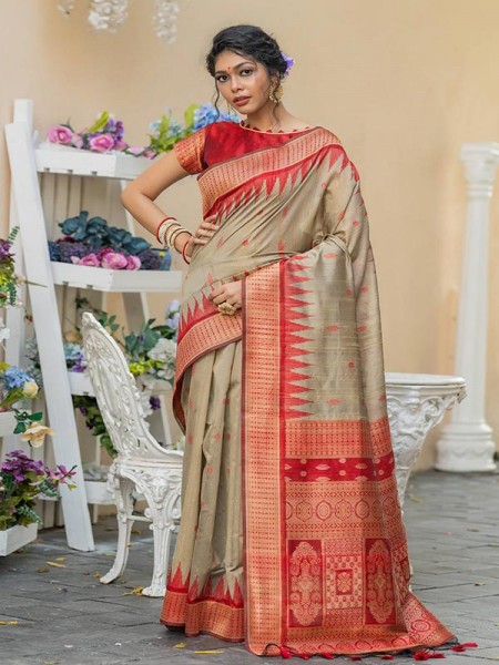 Pure Tussar Silk weaving Saree with small woven Butti contrast pallu