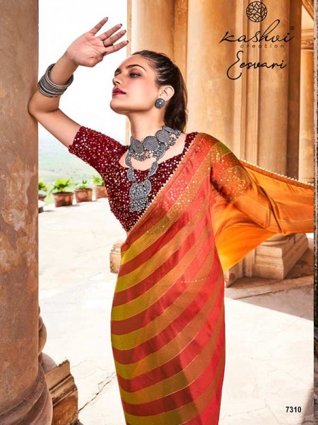 Fabulous Rainbow Satin Patta With Fancy Lace And Designer Blouse Saree