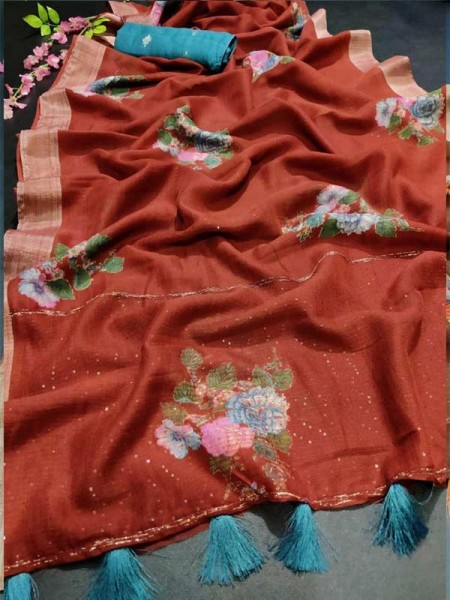 Stunning Look Soft linen with Floral Print & Sequence Pallu Weaving All in one