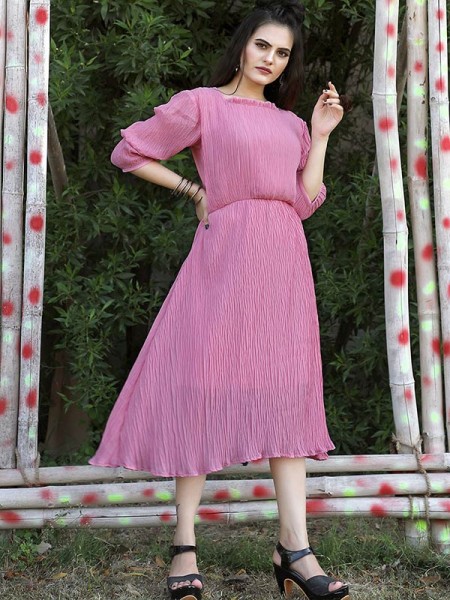 New Designer Pink Color Heavy Georgette Plain Crushed Dress 