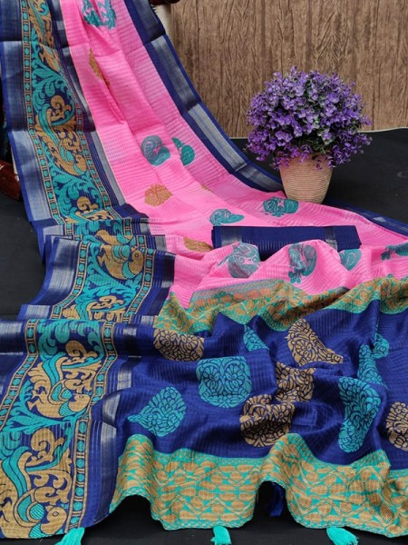 Fabulous Linen Tissue Silk  Sarees With Beautiful Prints And Zari Border