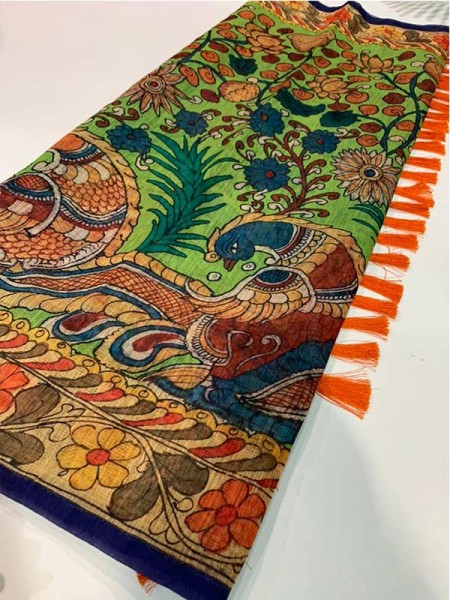 Stunning Look Linen Fabric Indigo With Kalmkari Digital Print