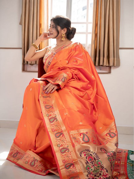 Wedding Look Banarasi Silk Paithani Saree with beautiful Meenakari Pallu