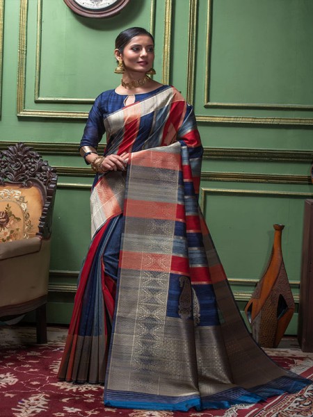 Classic Look Tussar Silk Saree with unique zari weaves pallu & Bishnoi broad Border