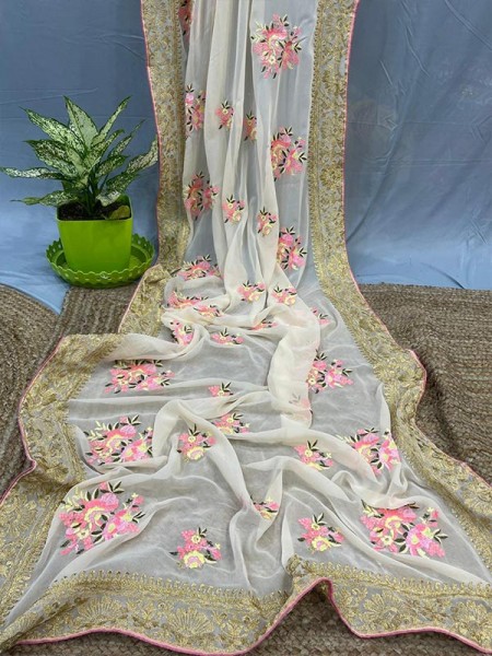 Celebrity Style Georgette Silk Saree with flower work & banglori Sattin Silk blouse