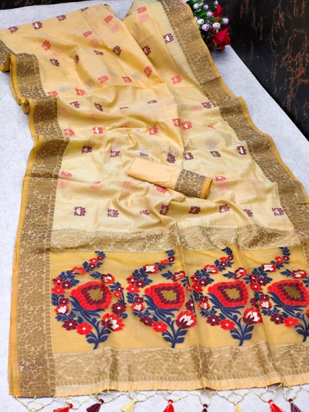 Pretty Look Pure Linen Saree with zari Banarasi border & Meenakari weaved classic Pallu