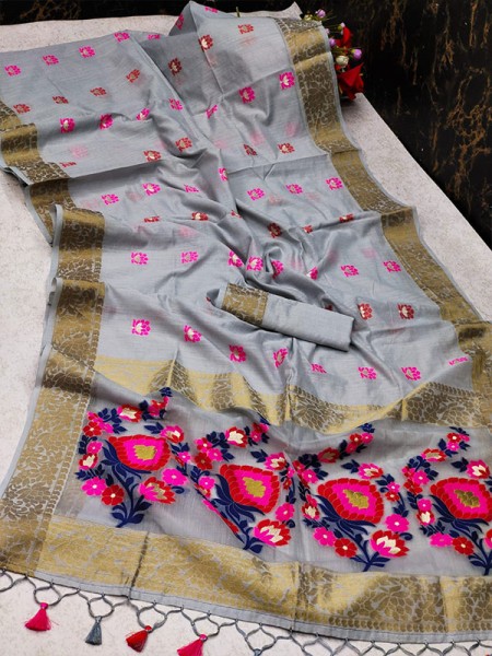 Pretty Look Pure Linen Saree with zari Banarasi border & Meenakari weaved classic Pallu
