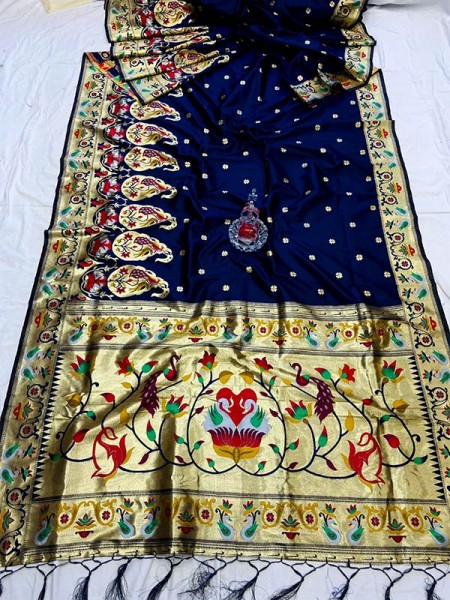 Gorgeous Look Blue Paithani Silk Saree with Jacquard weaving border