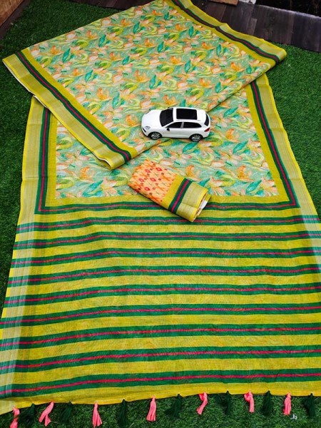Graceful Digital Printed Linen Saree with Silver Jari Patta & Latkan 