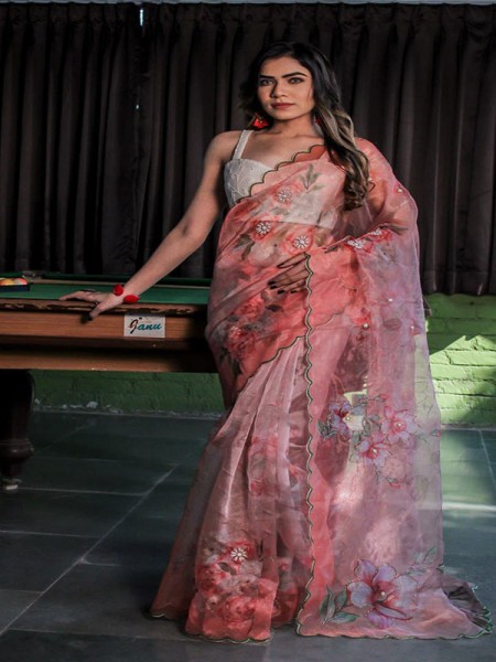 Attractive Organza Digital printed Saree with khatli work hand work & Sattin blouse