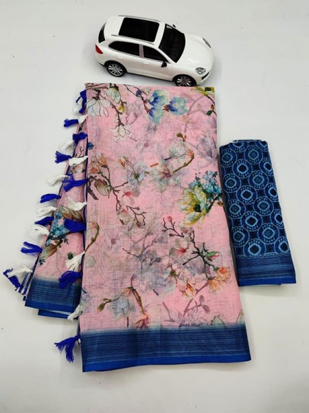 Stunning Look Linen Printed Saree Latkan with Silver Zari Patta 