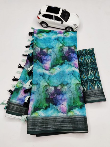 Fabulous Linen Printed Saree Latkan with Silver Zari Patta 