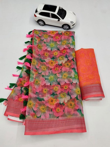 Fabulous Linen Printed Saree Latkan with Silver Zari Patta 