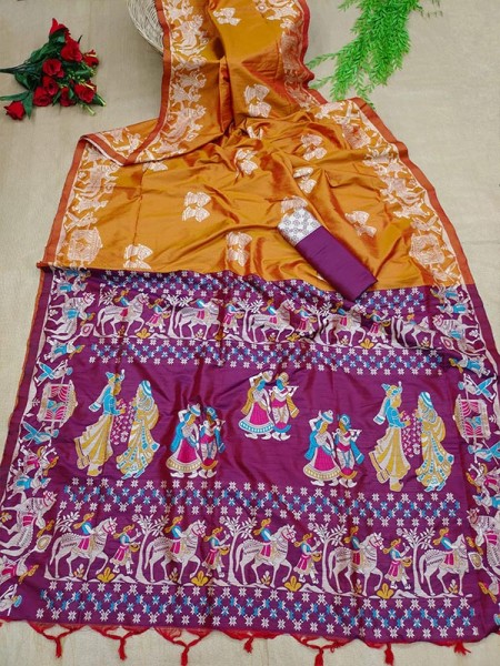 Soft Raw Silk Two Tone Weaving saree with Antique Design with Exclusive woven Pallu