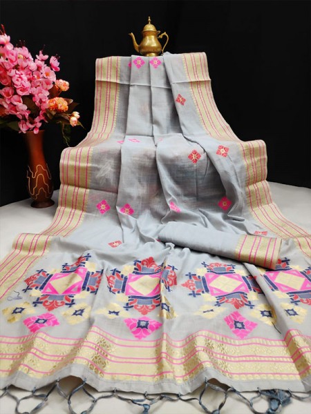 Attractive Look Pure Linen Saree with colorful Pallu and Zari Woven border