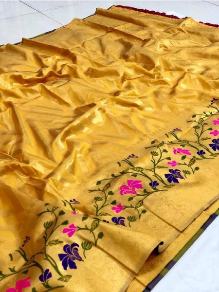 Wedding Look Yellow color Pure Jacquard Fabrics With Resham Zari Work Saree