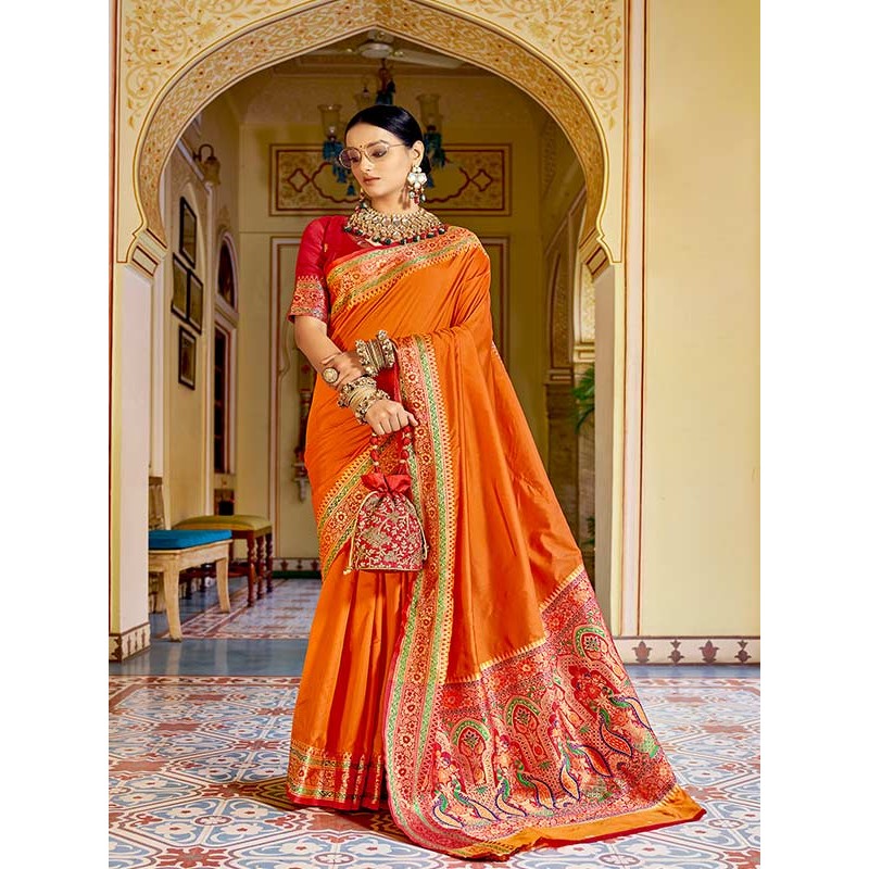 Buy Party Wear Red Banarasi Silk Weaving Saree Online