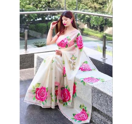 Stunning Look Organza Rose Printed Two Color Sequence Hand Worked Saree