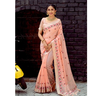 Fabulous Pure Linen Cotton Saree with embroidered work AllOver & Zari lining Pallu
