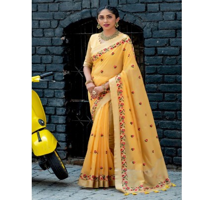 Fabulous Pure Linen Cotton Saree with embroidered work AllOver & Zari lining Pallu