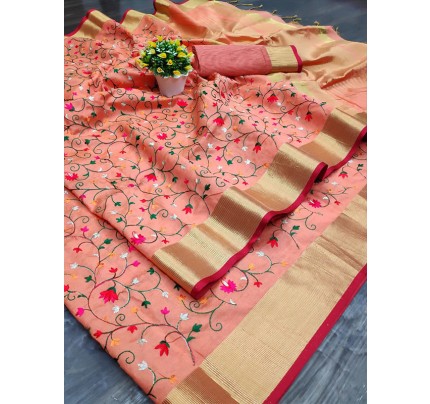 Ikkat Style Aasam Silk Saree with Embroidered jal work with Unique Zari Woven border