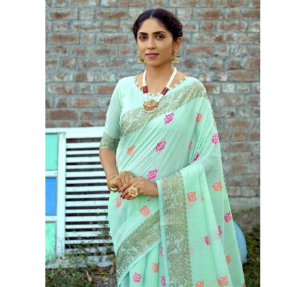 Pretty Look Pure Linen Saree with zari Banarasi border & Meenakari weaved grand classic tissue Pallu
