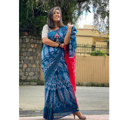 Ikkat Style Soft Linen Printed Saree with Matching Blouse 