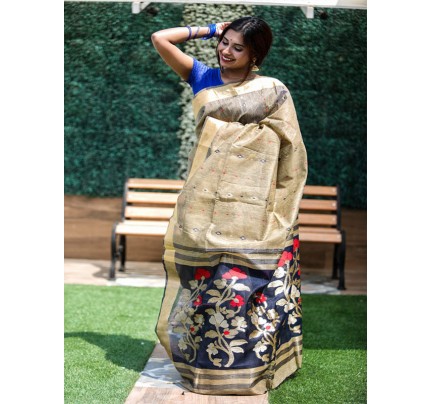 Linen Silk Jamdani Saree with premium zari pallu & AllOver Butti weaves