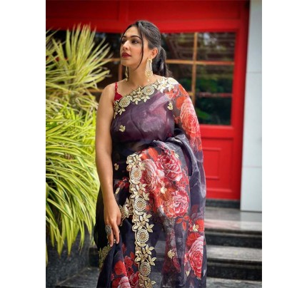 Celebrity Style Organza embroidery Saree with hand stone work & embroidery