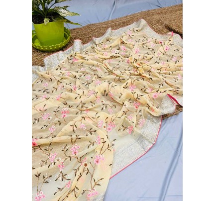 Floral Style Georgette Silk Saree with siver thread work & banglori sattin blouse