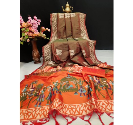 Soft Raw Silk Two Tone weaving Saree with Antique Design and exclusive woven Pallu
