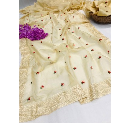 Fabulous Pure Organza Silk Saree with fully embroidered border & butti work AllOver