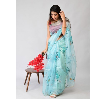 Premium Organza Digital Printed Saree with Khatl hand work & Sattin blouse