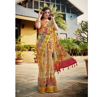 Stunning Multi Color Linen With Self Zari Patten Saree