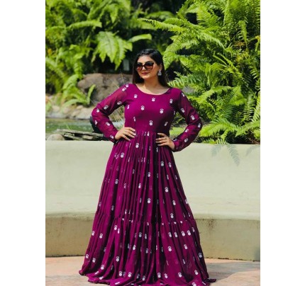 Wine Colour Fox Georgette With Siquns Embroidery Work Ruffle Full Flir Long Sleeve Full Stitching Gown 