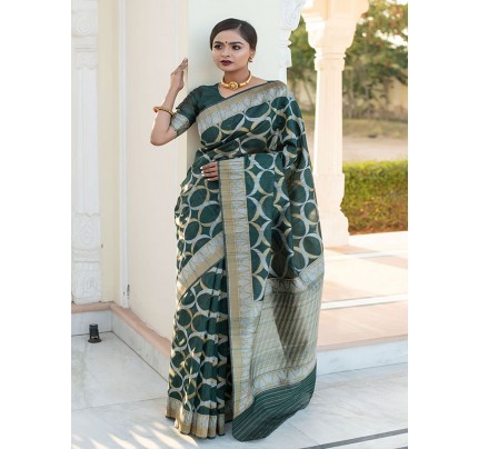 Classic Look Tussar Silk Saree with Unique Silver & Beautiful Zari woven Lotus Border