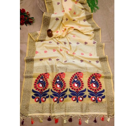 Pretty Look Pure Linen Saree with both ends zari weaved Banarasi borders & Meenakari weaved tissue Pallu