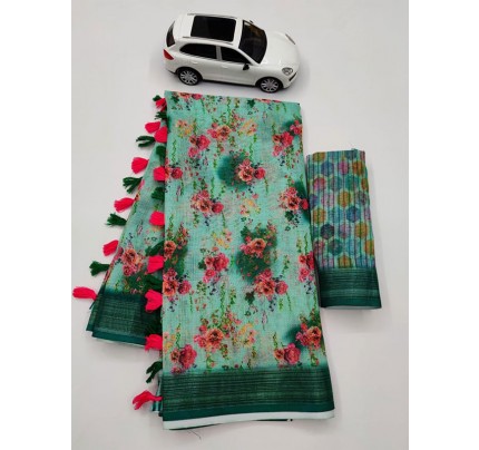 Floral Style Linen Printed Saree Latkan with Silver Zari Patta 