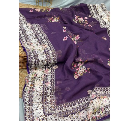 Floral Style Georgette fabric Printed Saree with zari work border
