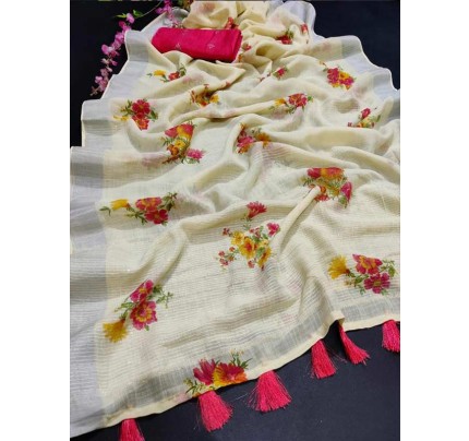 Stunning Look Soft linen with Floral Print & Sequence Pallu Weaving All in one