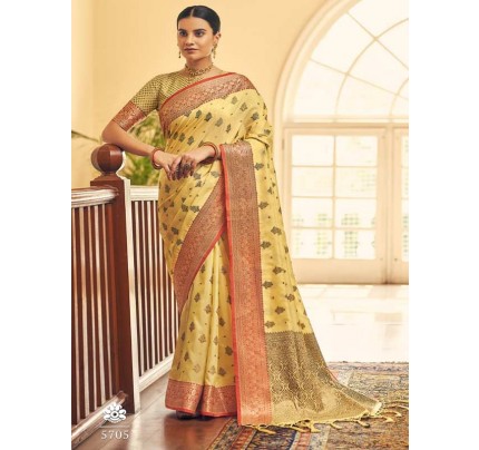 Yellow Colour Tussar Silk weaving Saree