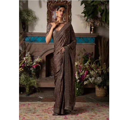 Brown Colour Heavy Dolla Silk  Fancy Dori & Thread Zari With Fancy Sequnce Work With Heavy Lace Border  Saree
