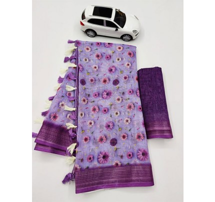 Floral Style Linen Printed Saree Latkan with Silver Zari Patta 