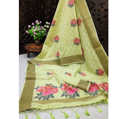 Pure Linen Weaving Saree with Zari Woven Border matching Blouse piece