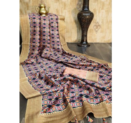 New Eye Catcher Tussar Silk Printed Saree with Lace Border & fancy tassels Pallu