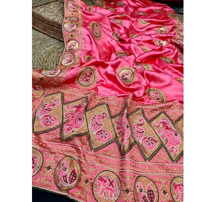 Stunning Look Satin Silk Saree with embroidery work & Zari Border 