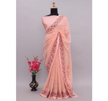Floral Style Georgette Silk Saree with flowers work jal & matching thread work border