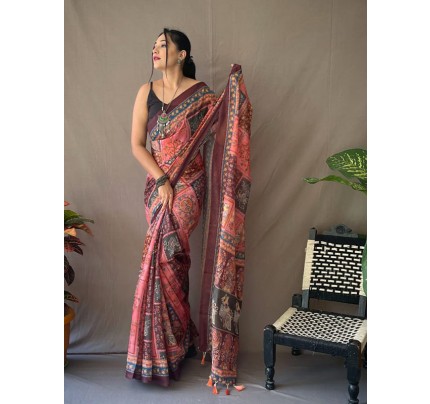 Kalamkari Linen Printed Saree with Contrast Blouse 