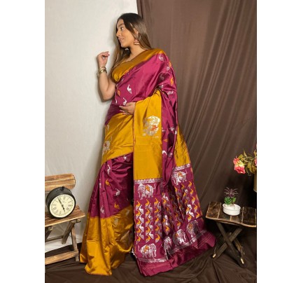 Traditional Banarasi Silk Saree with Rich Pallu & Antique Weaving Gold Zari
