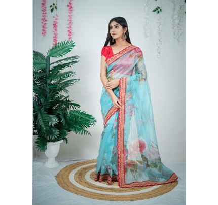 Fabulous Organza Digital Printed Saree with Allover sequences lace border 